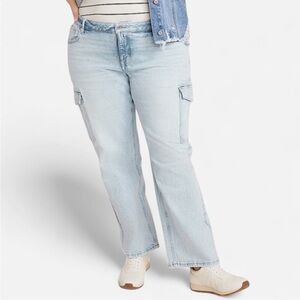 Edgely Light Blue Mid Rise Relaxed Boyfriend Straight Cargo Jeans 18W Long
